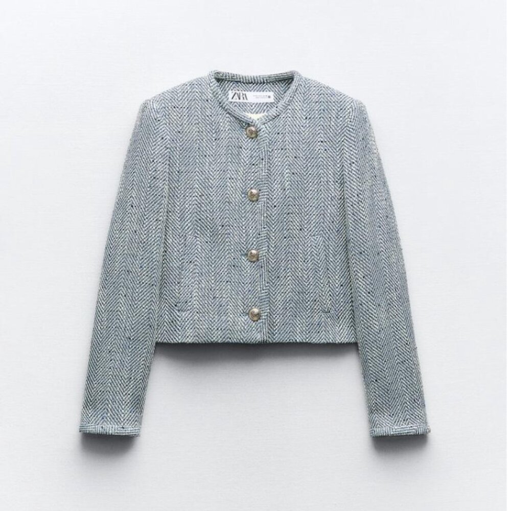 Zara Light Gray Herringbone Cropped Blazer - Picture 1 of 3